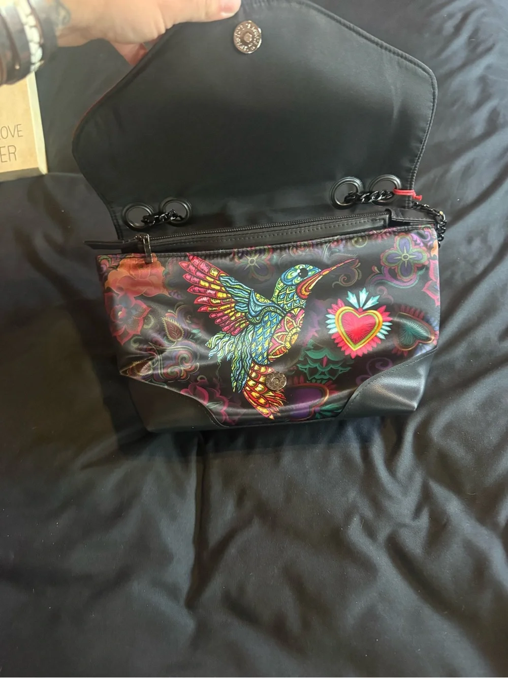 Vibrant Hummingbird Printed Crossbody Bag - Black